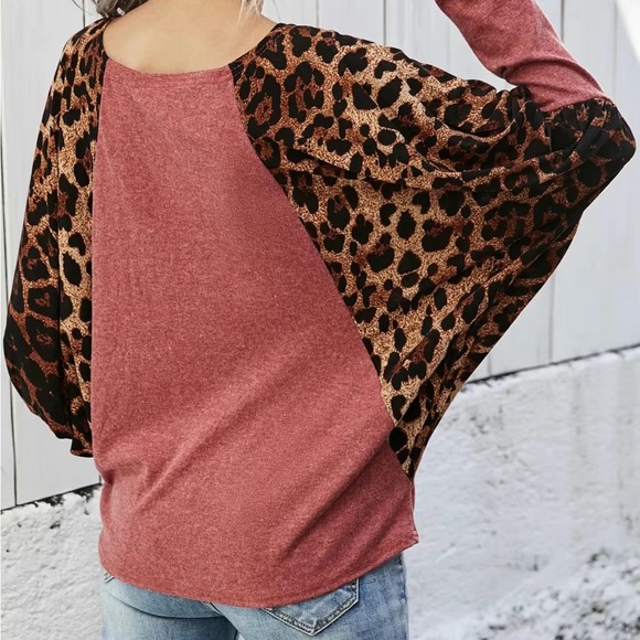 Casual Batwing Sleeve Drop Shoulder Leopard Print T-Shirts Women's Clothing - Picture 6 of 6